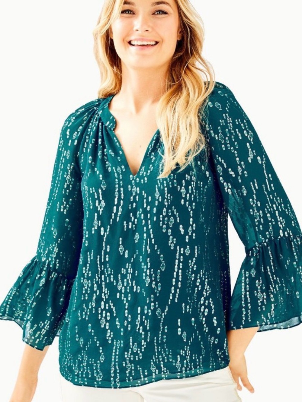 Lilly Pulitzer Matilda Teal Metallic Silk V-Neck Blouse
